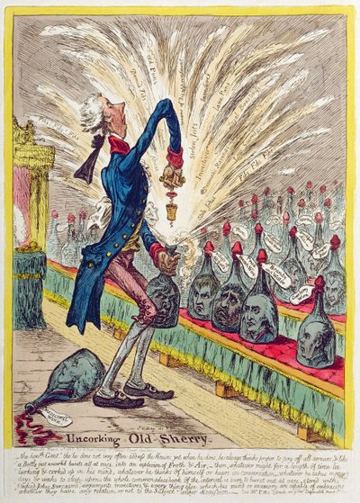 Uncorking Old Sherry, udgivet af Hannah Humphrey i 1805 (håndkoloreret radering) af James Gillray