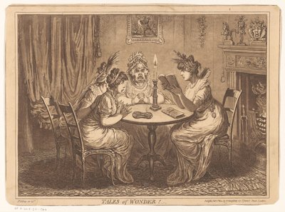 Kvinde læser en gyserroman Fortællinger om vidunder! (titel på objekt) af James Gillray