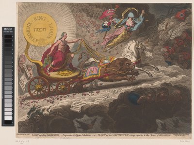 William Pitt verdrijft de duistere krachten, 1795 Lys, der fordriver mørke, - fordampning af Stygian-udåndinger,-eller- Forfatningens sol, der stiger over oppositionens skyer (titel på objekt) af James Gillray