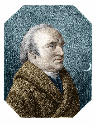 Portræt af William Herschel (1738 - 1822) på en stjernehimmel baggrund - fra et kobberstik af James Godby af James Godby