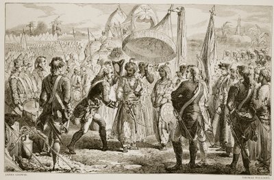 Lord Clives møde med Meer Jaffier, efter slaget ved Plassey, indgraveret af Thomas Williams af James Godwin