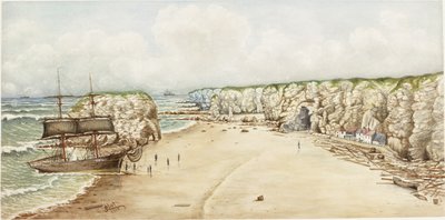 Brig på grund ved Marsden Rock (akvarel, kropsfarve og blyant på papir på kort)) af James Henry Cleet