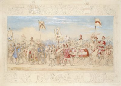 Sir Francis Hopkins Bt., Knight of the Burning Tower og Richard Lechmere, Knight of the Red Rose The Rose of Lancaster, 1839 (blyant, wc og gouache på papir) af James Henry Nixon