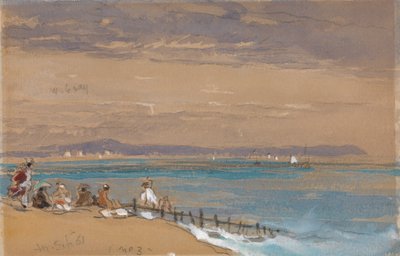 Strandscene med figurer ved en bølgebryder af James Holland
