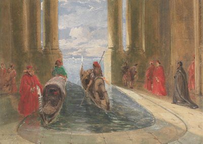 Venetianske dignitærer går ombord på gondoler af James Holland