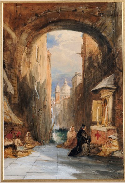 Venedig: en Edicola under en buegang, med Santa Maria della Salute i det fjerne, 1853 af James Holland
