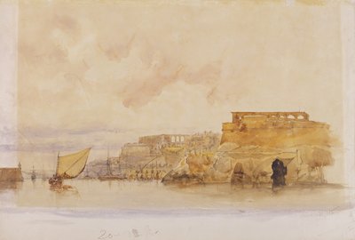Udsigt over Valletta, Malta (akvarel med kropsfarve over grafit på papir) af James Holland