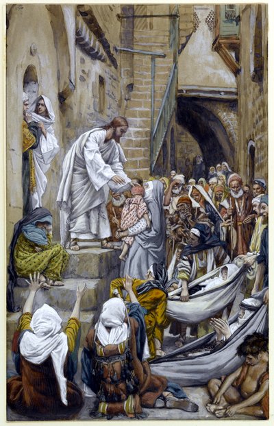 Og hele byen blev samlet ved døren, illustration til The Life of Christ, ca. 1884-96 (wc & gouache på pap) af James Jacques Joseph Tissot