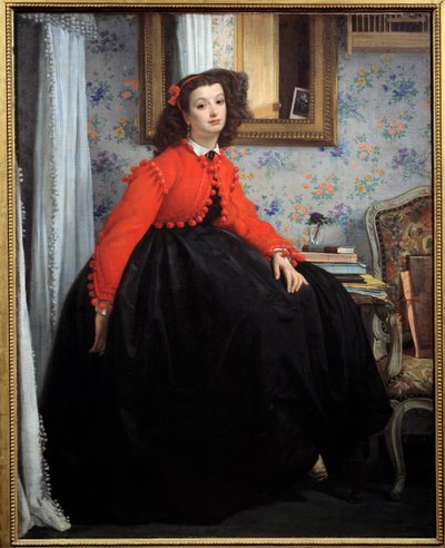 Portræt i fuld længde af Mademoiselle L. L., eller ung pige i rød jakke Maleri af Jacques Joseph (Jacques-Joseph) Tissot dit James Tissot (1836-1902) 1864 Søn. 1,24x0,99 m Paris, Orsay Museum af James Jacques Joseph Tissot