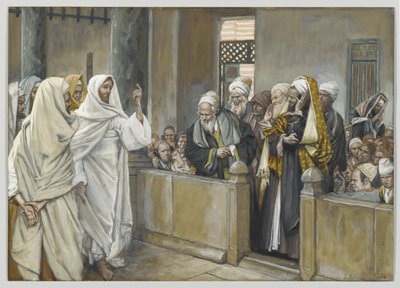 Ypperstepræsterne spørger Jesus med hvilken ret han handler på denne måde, illustration fra Vor Herre Jesu Kristi liv, 1886-94 (wc over grafit på papir) af James Jacques Joseph Tissot