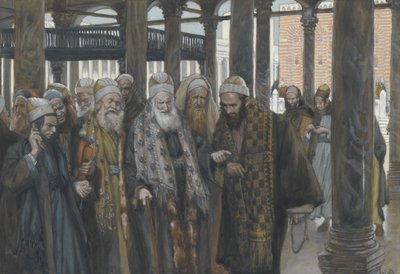 Ypperstepræsterne tager råd sammen, illustration fra Vor Herre Jesu Kristi liv, 1886-94 (wc over grafit på papir) af James Jacques Joseph Tissot