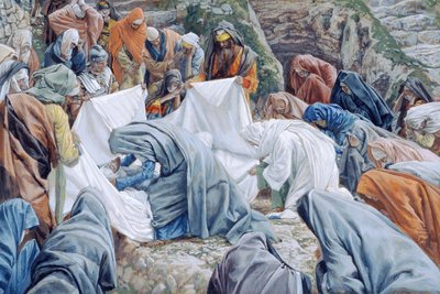 Den hellige jomfru kysser Kristi ansigt, før det pakkes ind i det snoede ark, illustration til The Life of Christ, ca. 1886-94 (wc & gouache på pap) af James Jacques Joseph Tissot