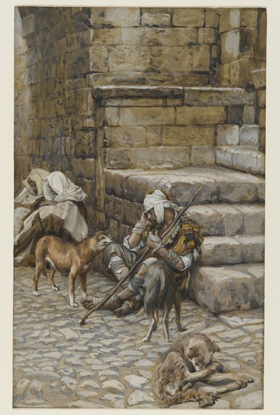 Den fattige Lazarus ved den rige mands dør, illustration fra Vor Herre Jesu Kristi liv (wc over grafit på papir) af James Jacques Joseph Tissot