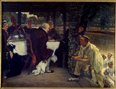 Den fortabte søns tilbagevenden: den fede kalv Moderne tilpasning af lignelsen om det fortabte barn, der vender tilbage til sin angrende far. Maleri af Jacques Joseph (Jacques-Joseph) Tissot dit James Tissot (1836-1902) 1880 Søn. 1x1,3 m Nantes, musee des  af James Jacques Joseph Tissot