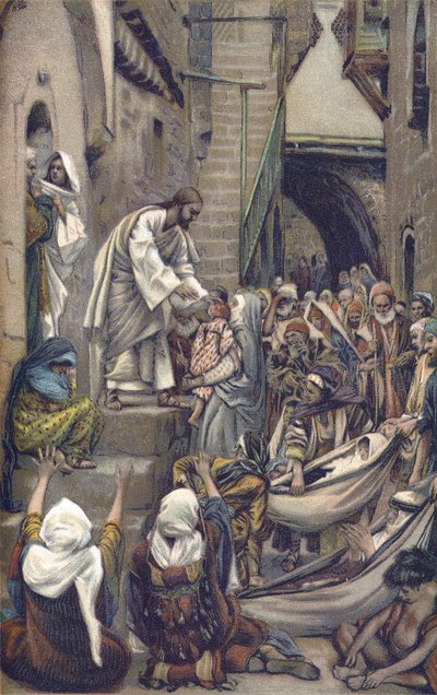 Hele byen var samlet ved døren - Hele byen blev samlet ved døren - fra "" The Life of Our Lord Jesus Christ"" - 1899 af James Tissot - Og hele byen var samlet ved dens dør - Mark 1: 33 - Vor Herre Jesu Kristi liv, af af James Jacques Joseph Tissot