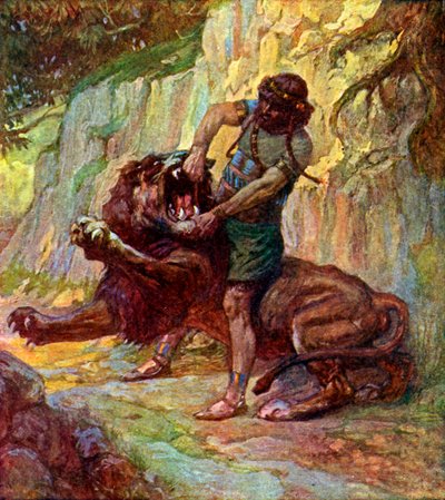 Samson dræber en løve af J James Tissot - Bible af James Jacques Joseph after Tissot