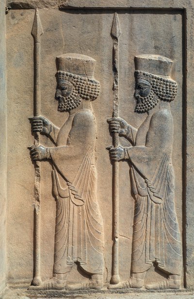Et skulpturelt relief i Persepolis. Dareios I begyndte at bygge sin ceremonielle hovedstad i... af James L Stanfield