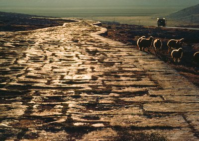 Moderne makadamvej løber parallelt med gammel romersk kalkstensvej. Nær Aleppo, Syrien. af James L Stanfield