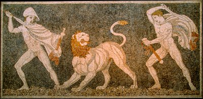 Mosaik forestillende Alexander den Store og Hephaestion, der dræber en løve. Pella Archaeol... af James L Stanfield