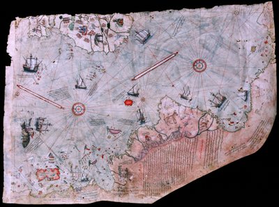 Kortet af Piri Reis Haritasi færdiggjort i 1513. TOPKAPI-PALADSETS MUSEUM, ISTANBUL, TYRKIET. af James L Stanfield