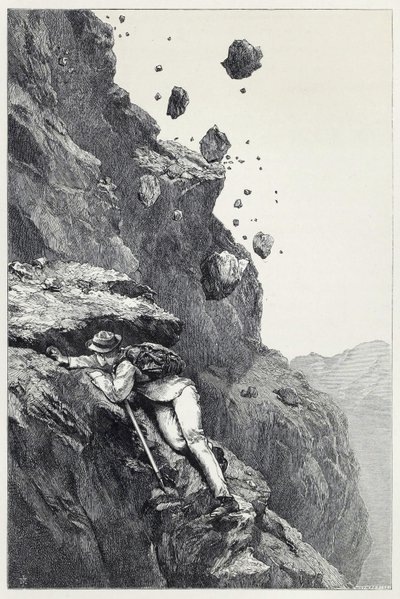 A Cannonade on the Matterhorn, fra Scrambles amongst the Alps i årene 1860-69, pub. 1871 (gravering) af James Mahoney