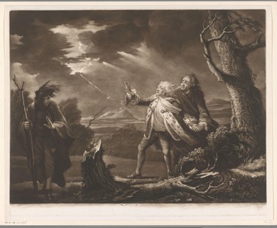 David Garrick som kong Lear med jarlen af ​​Kent og Edgar forklædt som Tom i et stormfuldt landskab af James McArdell