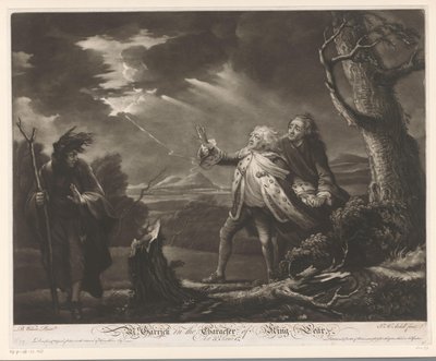 David Garrick som kong Lear med jarlen af ​​Kent og Edgar forklædt som Tom i et stormfuldt landskab Hr. Garrick i King Lears karakter (titel på objekt) af James McArdell