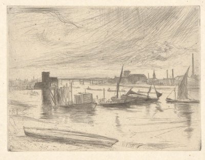 Battersea Dawn (Cadogan Pier), fra Thames Set (En serie af seksten ætsninger af scener på Themsen og andre emner) af James Abbott McNeill Whistler