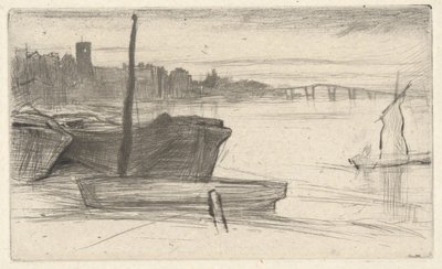 Chelsea Bridge og kirken, fra »Thames Set« (en serie på seksten raderinger af motiver fra Themsen og andre emner) af James McNeill Whistler