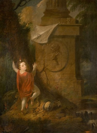 Kunstnerannonce - Kerub med drage ved monument [udateret]. af James Millar