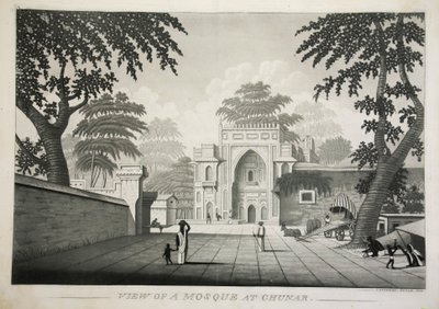Udsigt over en moske ved Chunar, pub. 1810 gravering. af James Moffat