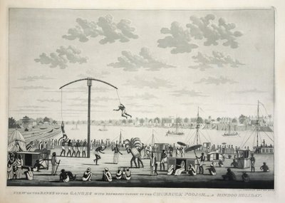 Udsigt på Banks of the Ganges med repræsentation af Churruck Poojah …, pub. 1810 gravering. af James Moffat