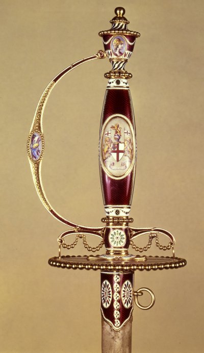 Skæftet af et sværd overrakt til oberst James Hartley (1745-99) af East India Company, sat af James Morisset (c.1766-c.1800) c.1780 (guld og emalje) af James Morisset