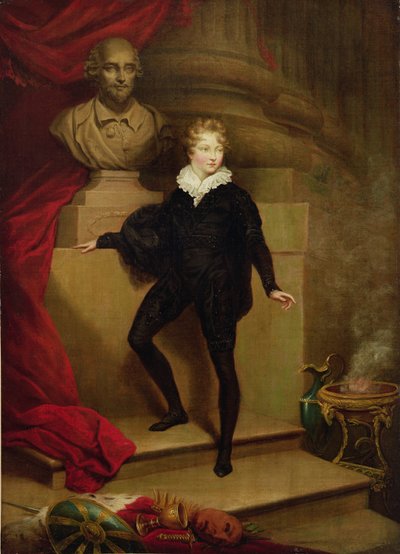 Mester Betty som Hamlet foran en buste af Shakespeare, ca.1804-06 af James Northcote