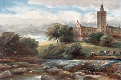 "Dunblane Cathedral" (farvelitografi) af James Orrock