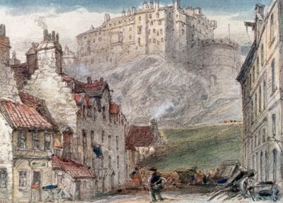 "Edinburgh Castle fra Grass Market" (farvelitografi) af James Orrock