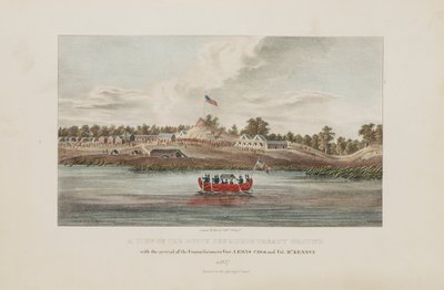En udsigt over Butte Des Morts Treaty Ground; med ankomsten af kommissærerne Gov. Lewis Cass og Col. McKenny, fra The Aboriginal Portfolio af James Otto Lewis