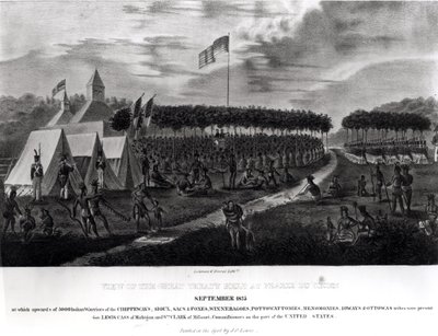 Udsigt til den store traktat, der blev afholdt i Prairie du Chien, Wisconsin, september 1825, fra "The Aboriginal Portfolio", 1825 af James Otto Lewis