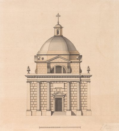Design til et tempel på en kvadratisk plan og med en kuppel: elevation af James Paine