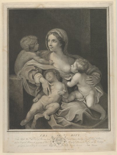 Charity sad og ammede et spædbarn, en anden sov på hendes skød og en tredje talte med hende, ..., 1793. af James Parker