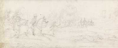Coursing, en gruppe ryttere galopperende fra venstre efter et par greyhounds (grafit på papir) af James Pollard