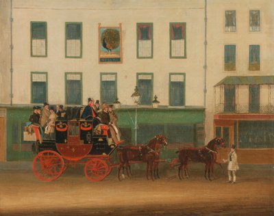 London-Manchester Stage Coach, "The Peveril of the Peak", uden for Peacock Inn, Islington af James Pollard