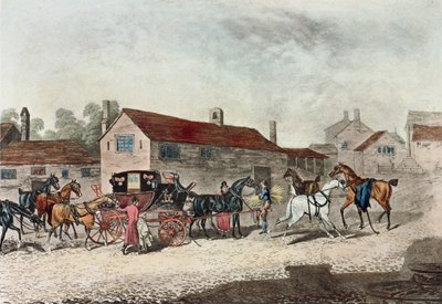 The Mail Coach Changing Horses, graveret af R. Havell, 1815 af James Pollard