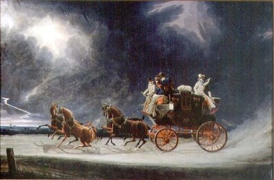 Norwich Mail Coach in a Thunderstorm on Newmarket Heath (olie på lærred) af James Pollard
