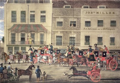 West Country Mails på Gloucester Coffee House, Piccadilly, indgraveret af C. Rosenberg, 1828 af James Pollard