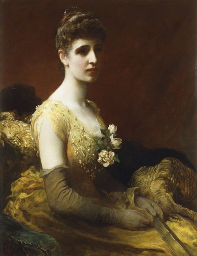 Portræt af Lady Dixon af Rheda, trekvart længde, siddende iført en gul kjole med blomster, der holder en vifte, af James Sant