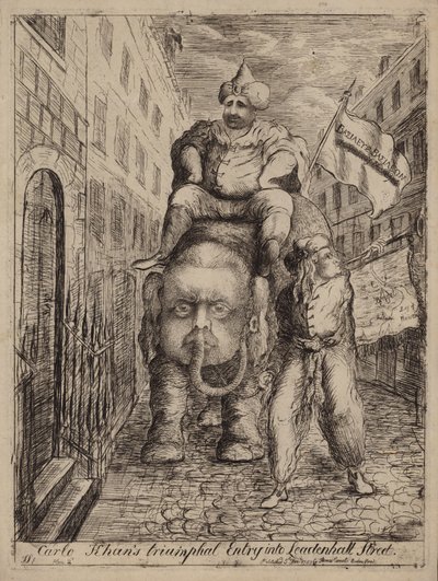 Carlo Khans Triumphal Entry into Leadenhall Street: satire over whig-politikeren Charles James Fox og hans ambitioner vedrørende Indien af James Sayers