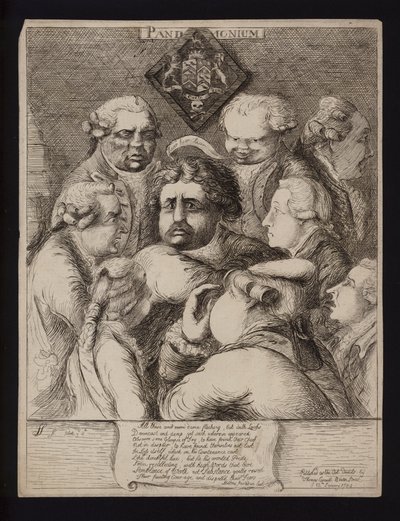 Pandemonium: satire over den politiske ustabilitet i Storbritannien efter Fox-North-koalitionens fald og dens udskiftning med William Pitt den Yngres regering, 1784 af James Sayers