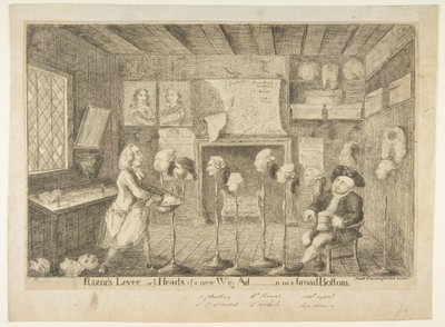 Razors Levée, eller Ye Heads of a New Wig Administration] on a Broad Bund, 21. april 1783. af James Sayers