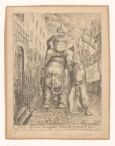 Spotprent af Charles Fox Carlo Khans triumferende indtog i Leadenhall Street (titel på objektet) af James Sayers
